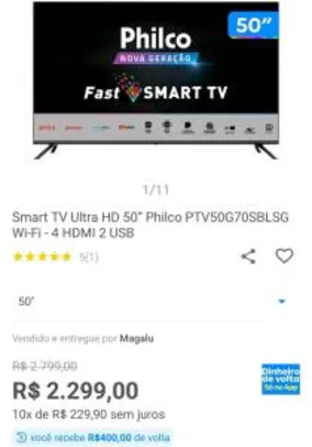 [MagaluPay R$1899] TV Smart Philco 50 polegadas 4K PTV50G70SBLSG | R$2.299