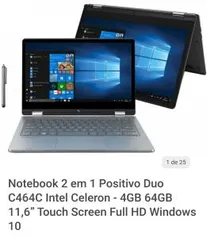 Notebook 2 em 1 Positivo Duo C464C Intel Celeron - 4GB 64GB 11,6” Touch Screen Full HD Windows 10 - R$1438