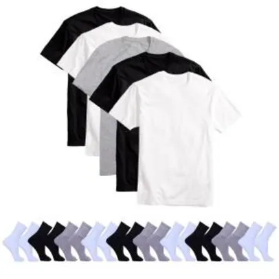 Kit 5 Camisetas Básicas Masculina T-Shirt Algodão + 10 Pares De Meias - Preto e Branco