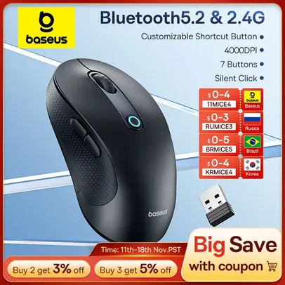 [1ªcompra | tx inclusa] - Baseus f02 mouse sem fio bluetooth 5.2 2.4g 4000dpi ergonômico 7 botões 