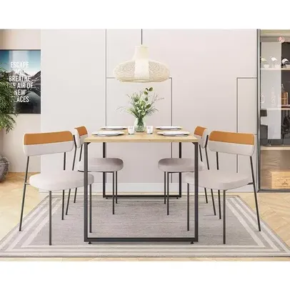 conjunto de mesa de jantar retangular com tampo porto e 4 cadeiras mila linho bege