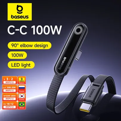 Cabo USB Tipo C para Tipo C Curvado BASEUS com Carregamento Rápido de 100W e LED para iPhone, Macbook e Xaiomi