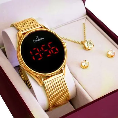 Relógio Champion Feminino Dourado Digital Led Vermelho CH40133V - Relógio Feminino