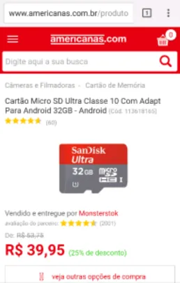 [Americanas] Cartão Micro SD Ultra Classe 10 Com Adapt 32GB - R$40