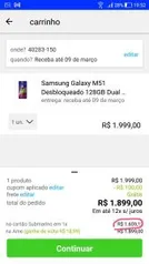 Samsung Galaxy M51 Desbloqueado 128GB Dual Sim Android 10.0 Tela 6.67” R$1659