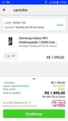 Samsung Galaxy M51 Desbloqueado 128GB Dual Sim Android 10.0 Tela 6.67” R$1659