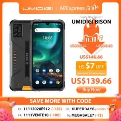 Smartphone Umidigi Bison IP68 6GB+128GB NFC | R$759