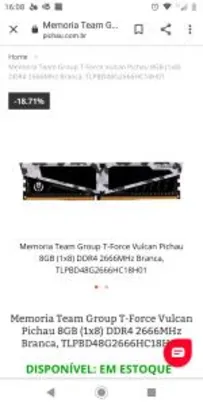 Memoria Team Group T-Force Vulcan Pichau 8GB (1x8) DDR4 2666MHz Branca, TLPBD48G2666HC18H01