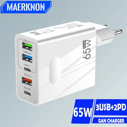 Carregador de Plugues Rápidos para Celular, GaN, 65W, USB, PD, Portas, Rápido,