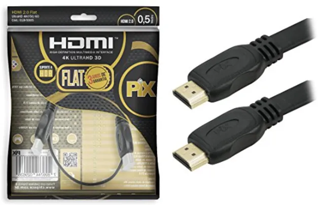 Cabo HDMI Flat 2.0 HDR 19 Pinos 4K - Polybag, 50 Centímetros