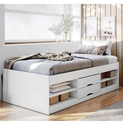 Foto do produto Cama Solteiro Multifuncional Kiara 2 Gavetas Mdf e Mdp Conquista Móveis Branco