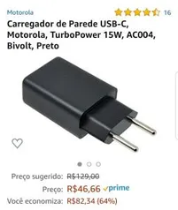 Carregador de parede Motorola (TIPO C) - 15w fast charge