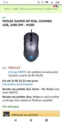 MOUSE GAMER HP RGB, CHUMBO USB, 2400 DPI - M280 | R$65