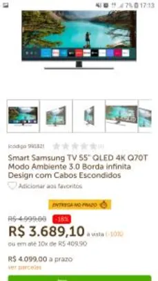 Smart Samsung TV 55" QLED 4K Q70T | R$3.689