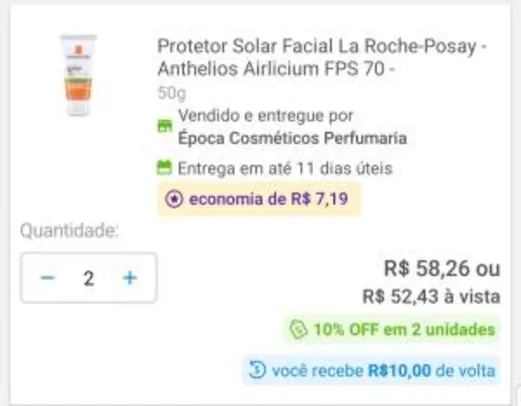 (Cliente ouro + magalupay na compra de 2 unidades) Protetor Solar fps 70 La Roche | R$42