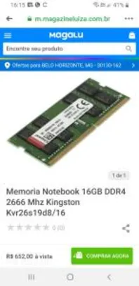 Memoria Notebook 16GB DDR4 2666 Mhz Kingston Kvr26s19d8/16 | R$652