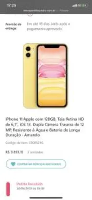 iPhone 11 128GB, Tela Retina HD de 6,1”, iOS 13, Dupla Câmera Traseira de 12 MP, Resistente à Água e Bateria de Longa Duração - R$4.184