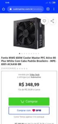 Saindo por R$ 348,99: Fonte MWE 650W Cooler Master PFC Ativo 80 Plus White | R$ 349 | Pelando