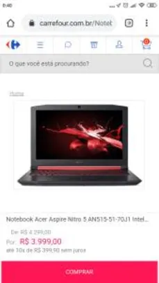Notebook Acer Aspire Nitro 5 Intel Core i7-7700HQ, 16GB de RAM, SSD de 128GB + HD de 1TB, NVidia GTX 1050 ti 4GB de RAM