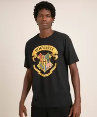Camiseta Masculina Hogwarts Harry Potter Manga Curta Gola Preta
