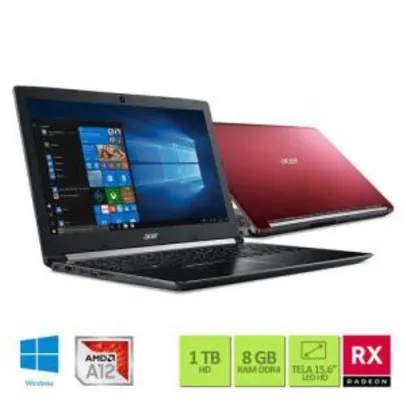 Notebook Acer A515-41G-1480 AMD A12 2.7Ghz 8GB RAM 1TB HD AMD Radeon RX 540 de 2GB 15.6" Windows 10 - R$2189