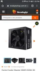 Fonte Cooler Master MWE 650W, 80 Plus White, PFC Ativo, MPE-6501-ACAAW CÓD: MPE-6501-ACAAW