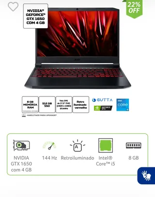 Notebook Gamer Acer Nitro 5 i5 Linux 8GB 512GB GTX 1650 17.3