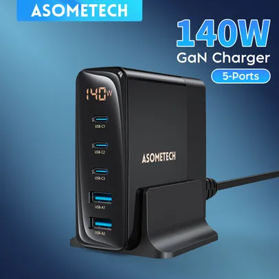 Asometech 140w gan usb carregador 3 usb c + 2 portas usb a