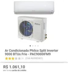 Split Philco 9000 btu inverter 1x cartão