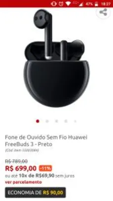 Fone de Ouvido Sem Fio Huawei FreeBuds 3 - Preto | R$699