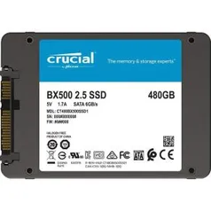 R$ 312,90 SSD Crucial Bx500, 480gb, Sata III, Leitura 540MBs Gravação 500MBs