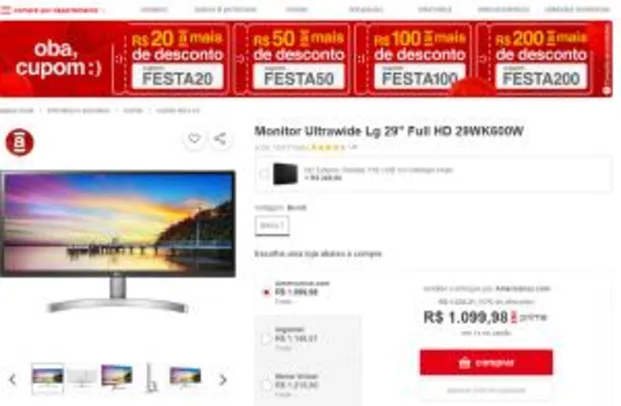 Monitor Ultrawide Lg 29'' Full HD 29WK600W - R$1.000