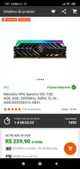 Memória XPG Spectrix D41 TUF, RGB, 8GB, 3000MHz, DDR4, CL16 | R$ 260