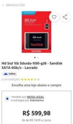 SSD 1TB SanDisk - R$600