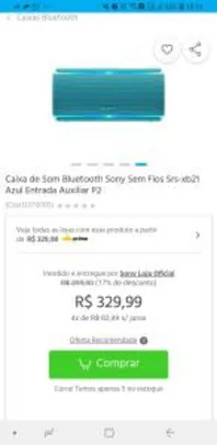 Caixa de Som Bluetooth Sony Sem Fios Srs-xb21 Azul Entrada Auxiliar P2 por R$ 330