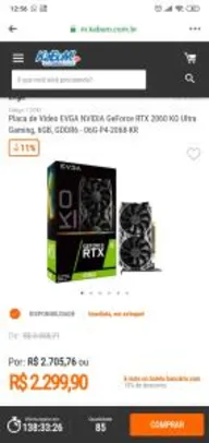 Placa de Vídeo EVGA NVIDIA GeForce RTX 2060 KO Ultra Gaming, 6GB, GDDR6 | R$2.300