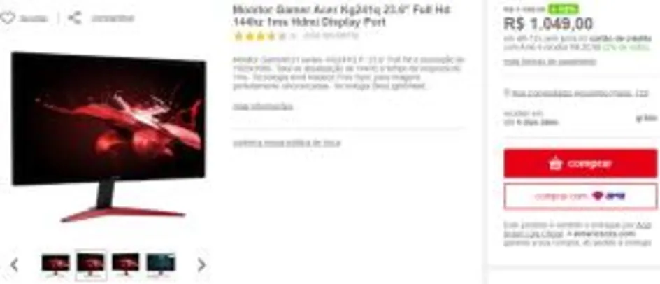 Monitor Gamer Acer KG241Q 23.6" FHD 144hz 1ms - R$949 em até 12x s/ juros