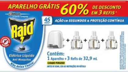 (PRIME) Kit repelente líquido elétrico Raid, 1 Aparelho + 3 Refis. R$23