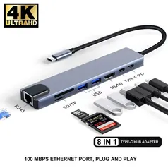 [Taxa Inclusa] - Hub USB-C 8 em 1 com HDMI, Ethernet, Usb-A 3.1, Usb-C, TF-SD