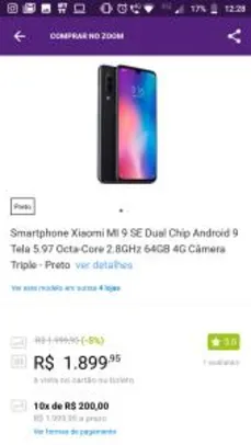 Smartphone Xiaomi MI 9 SE Dual Chip Android 9 Tela 5.97 Octa-Core 2.8GHz 64GB 4G Câmera Triple - Preto - R$1899