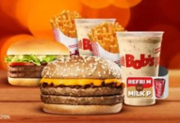 Cheddar M + Bob’s Burger M + 2 Batatas Palito M + 2 Milk P ou 2 Refri M do Bob's por R$28,90