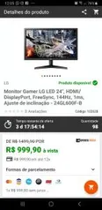 Monitor Gamer LG LED 24", HDMI/DisplayPort, FreeSync, 144Hz, R$ 1000