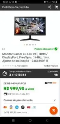 Monitor Gamer LG LED 24", HDMI/DisplayPort, FreeSync, 144Hz, R$ 1000