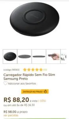 Carregador Rápido Sem Fio Slim Samsung Preto | R$88