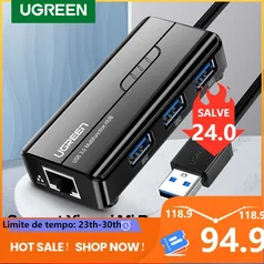 Adaptador De Rede´Ugreen Ethernet Usb Gigabit  Com Usb 3.0 Hub-3 Portas (20Cm)