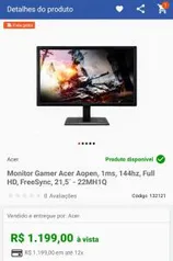 Monitor Gamer Acer Aopen, 1ms, 144hz, Full HD, FreeSync, 21,5´ | R$1199