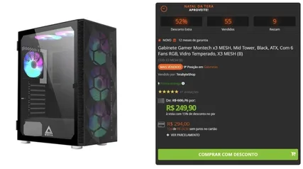 Gabinete Gamer Montech x3 MESH, Mid Tower, Black, ATX, 6 Fans, Vidro Temperado