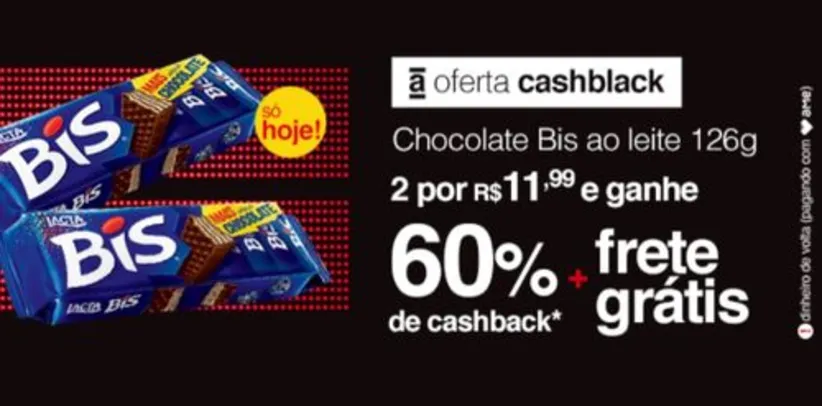 Chocolate bis ao leite 2 por R$12 + 60% de cashback