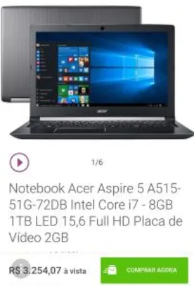 Notebook Acer Aspire 5 A515-51G-72DB Intel Core i7 - 8GB 1TB LED 15,6 Full HD Placa de Vídeo 2GB | R$3.254