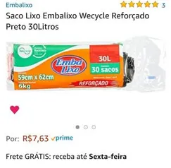 Saco de lixo 30L-Embalagem com 30 unidades.